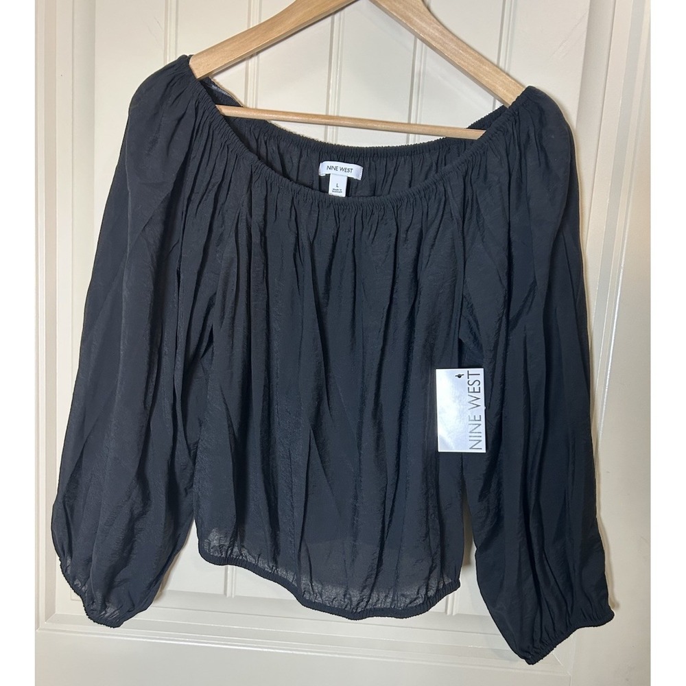 Nine West Black Milkmaid Peasant Top Women's Size L Fairy Whimsigoth Pirate NWT